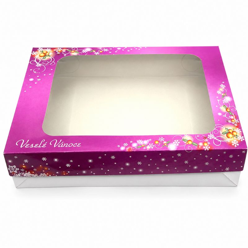 Vánoční krabička fialová Veselé Vánoce 38 x 28 x 8 cm na 2 kg cukroví – s nepromastitelným dnem